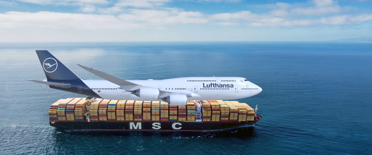 Schiff von MSC mit Boeing 747-8 von Lufthansa: Gemeinsame Sache bei ITA.