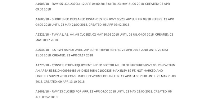 Notam zur verkürzten Piste in Hamburg im Jahr 2018.