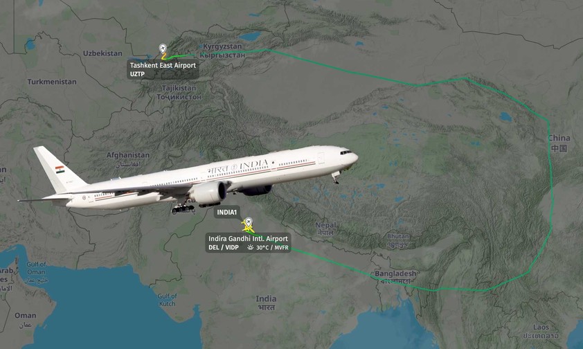 Air India One Flugverlauf nach Tashkent: Indiens Premierminister musste einen großen Umweg nehmen.