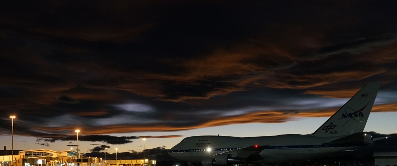 Die zur fliegenden Sternwarte Sofia umgebaute Boeing 747 SP in Christchurch in Neuseeland: Wurde während eines Sturmes beschädigt.