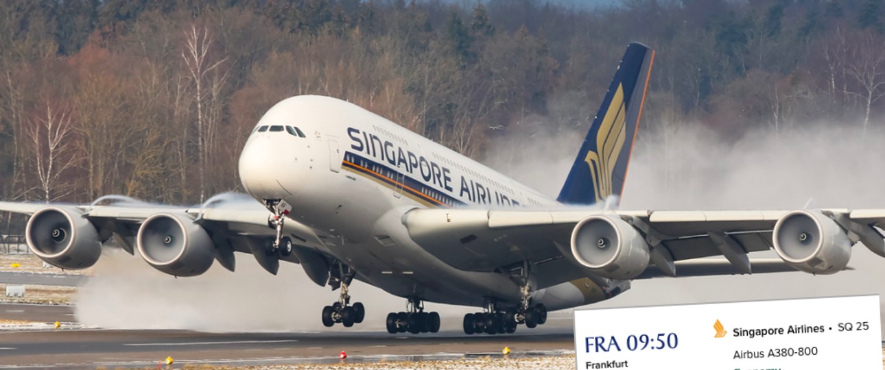 Airbus A380 von Singapore Airlines und Screenshot aus dem Buchungssystem: Wieder für Frankfurt eingeplant.