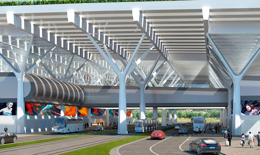 Vorschau auf das neue Terminal des Flughafens Florenz. Davor soll ein Dorfplatz entstehen, der per Straßenbahn mit dem Stadtzentrum verbunden ist.