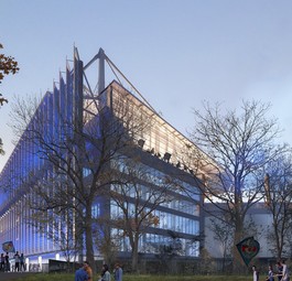 Die Fassade der Südtribüne: Rumpfteile des Airbus A340 schützen vor der Sonne.