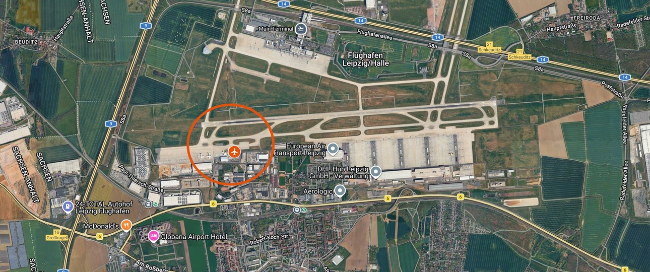 Der Flughafen Leipzig/Halle: Die Markierung zeigt, wo normalerweise die Frachter von Antonov Airlines stehen. 