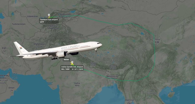 Air India One Flugverlauf nach Tashkent: Indiens Premierminister musste einen großen Umweg nehmen.