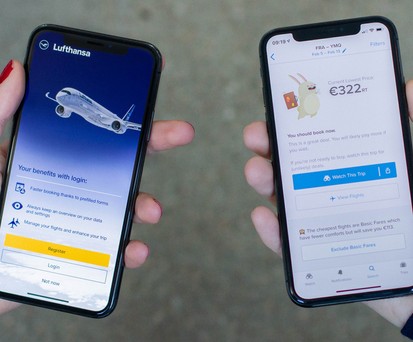 Apps von Lufthansa und Hopper: Ein Ziel suchen, ein anderes buchen.