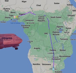 Boeing 747 von Lufthansa, Route vom 6. August: Kein Weg über Niger.