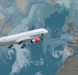 Airbus A330 von SAS: Die blaue Linie zeigt die geplante Route, die grüne Linie den realen Flugverlauf.