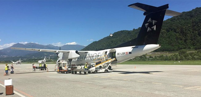 AUA-Dash-8 in Lugano: Drei Mal pro Tag für Swiss nach Genf unterwegs.