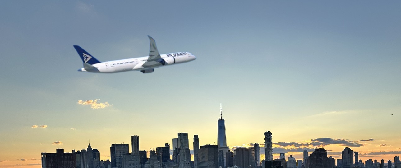 Boeing 787 von Air Astana über New York (Montage): Klappt es 2027?