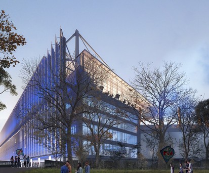 Die Fassade der Südtribüne: Rumpfteile des Airbus A340 schützen vor der Sonne.