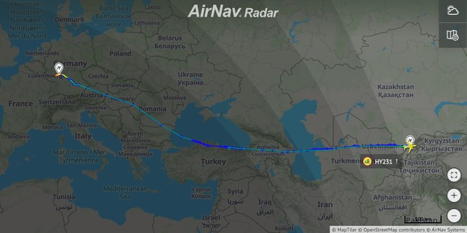 Uzbekistan Airways Flug HY231 von Tashkent nach Frankfurt: So war die Routenführung am 28. April.