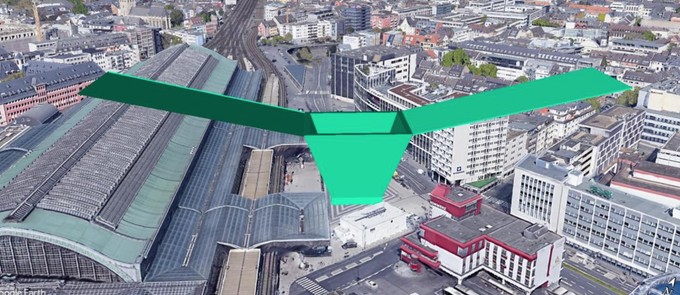 Beispiel Bahnhof Köln: So könnte ein Vertiport dort aussehen.