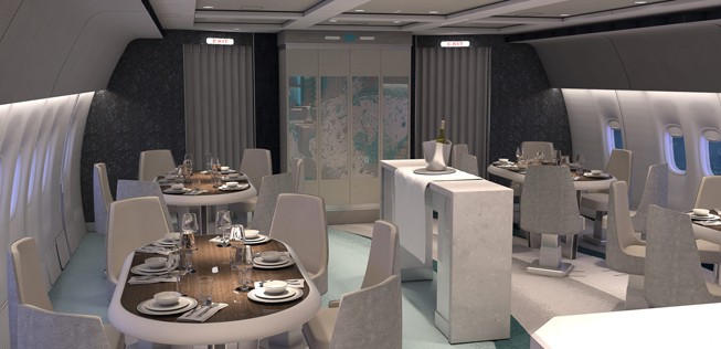 ... sieht die Maschine sehr luxuriös aus. In der Social Lounge sollen die Reisenden dinieren, was ein Koch in zwei Bordküchen für sie zubereitet.