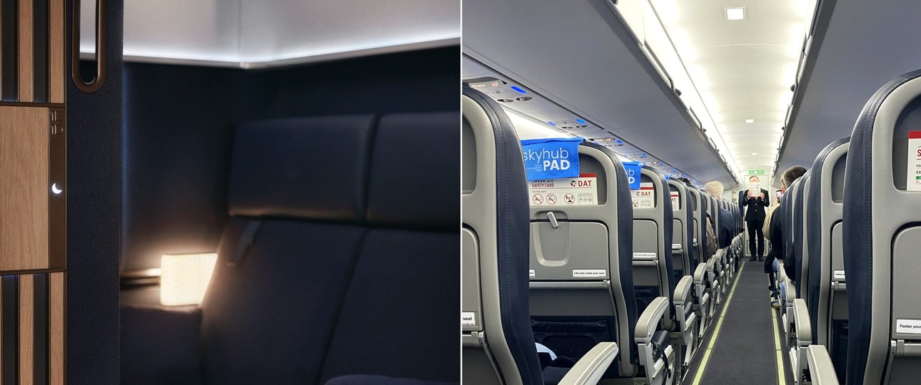 Lufthansas Allegris-First-Class links, die ATR-72-Kabine von DAT rechts: Kann man zusammen buchen.