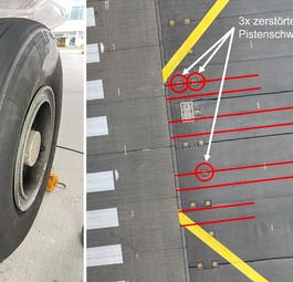 Beschädigter Reifen, spuren und zerstörte Lampen: Ein Airbus A380 von Lufthansa setzte in München zu früh auf.
