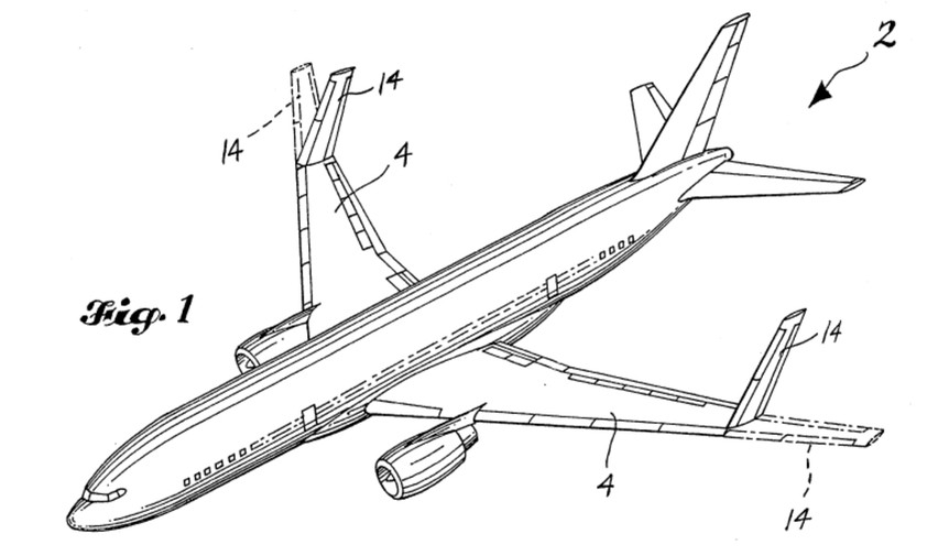Zeichnung aus den 1990er-Jahren: Boeing sicherte sich ein Patent für einklappbare Flügelspitzen. Damals konnte sich aber kein Kunde dafür begeistern.