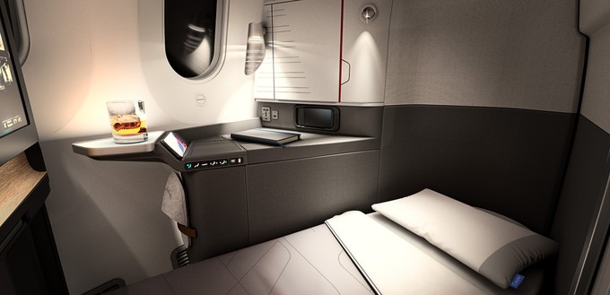 Die Suites sind denen im A321 XLR ähnlich - aber in einem Fischgrät-Design angeordnet.