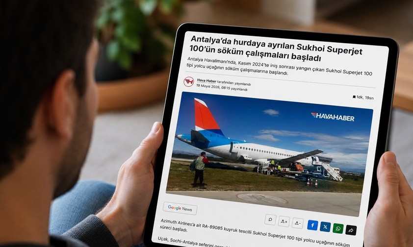 Superjet 100 von Azimuth Airlines wird zerlegt: Er steht seit einem Triebwerksbrand im November 2024 am Flughafen Antalya.