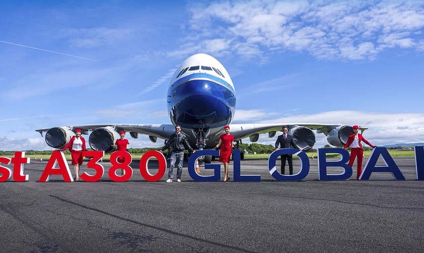 Airbus A380 von Global Airlines: Der erste Super-Jumbo wird Ende der ersten Oktoberwoche in Dresden erwartet.