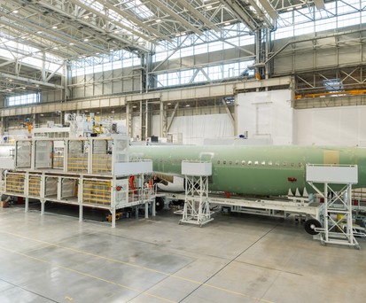 Rumpf eines Airbus A321 in der umgewandelten Endmontagehalle.