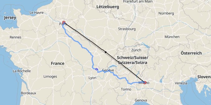 Platz 9: Paris-Le-Bourget - Mailand-Linate: 1342 Flüge (645 Kilometer)