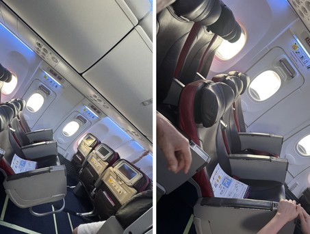 Sitzreihen in einer 737 von batik Air: Die Reihe ist beim Start nach hinten gekippt.