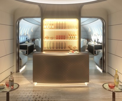 Willkommen in Lufthansa Techniks Luxus-Kabine für die BBJ 777-9: Es geht Los in der Lounge.