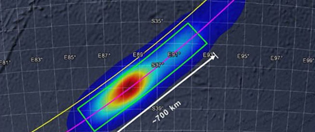 Die neuste Analyse der Suchgruppe zum Absturzort: Je röter der Bereich, desto höher die Wahrscheinlichkeit, dass dort MH370 liegt.