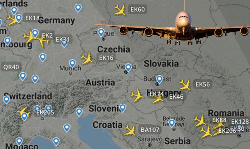 Momentaufnahme vom 5. Januar 2022 um 16:08 Uhr: Insgesamt 15 Airbus A380 über Mittel- und Osteuropa.