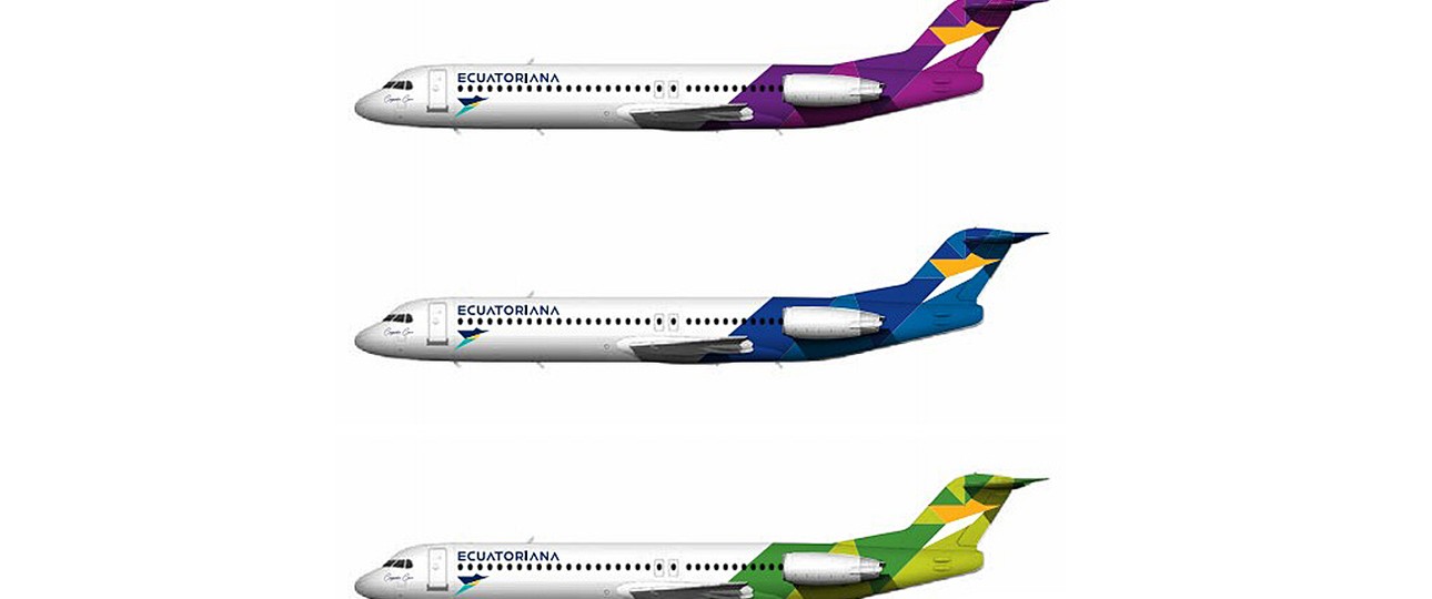 Farbschema von Ecuatoriana Airlines: Die Airline setzt auf Boeing 717, zeigt ihr Design aber anhand von Fokker 100.