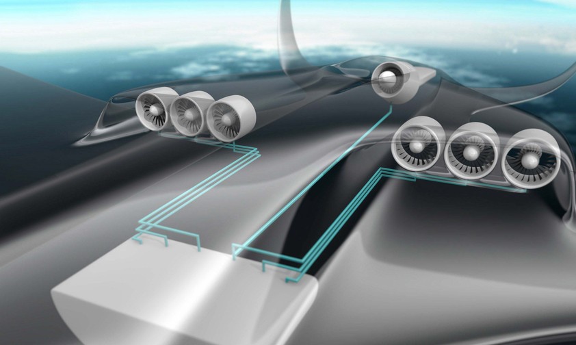 Konzeptgrafik eines Elektrohybridantriebs: Radikale Änderung des Flugzeuges.