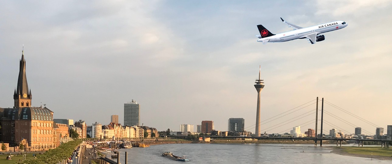 A321 XLR von Air Canada über Düsseldorf (Montage): Die Airline hat 18 potenzielle Ziele für den Airbus in Europa ausgemacht.