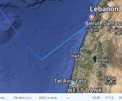 Angezeigte Flugroute des Lufthansa-Fluges FRA - TLV am 10. Februar: Nicht richtig.