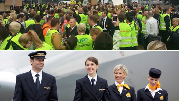 Lufthansa-Mitarbeiter am Streik (oben) und in der Werbung: Unzufrieden.