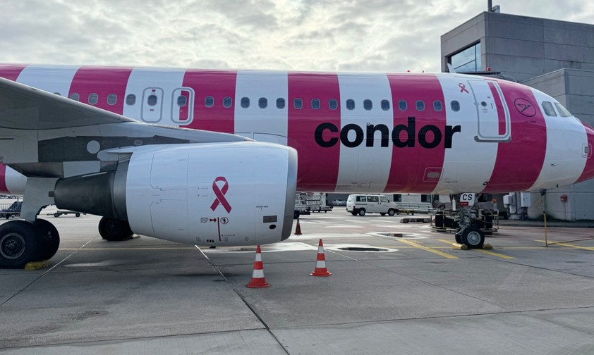 Die D-AICS ist ein Unikat. Als einziges Flugzeug von Condor trägt sie rosa Streifen.