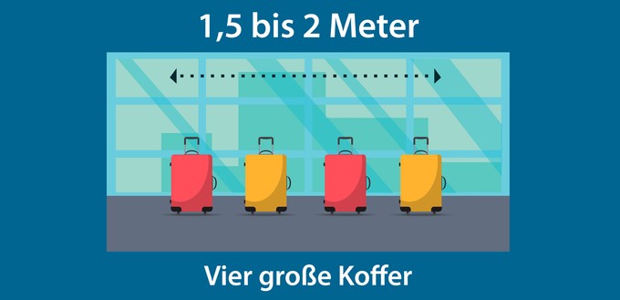 Vier große Koffer sollten zwischen Ihnen und der nächsten Person Platz haben, wenn Sie darauf warten, Ihr Gepäck einzuchecken oder abzuholen.