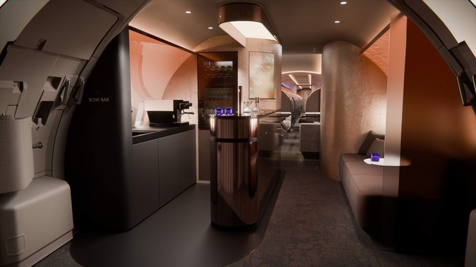 Wenn man das Flugzeug betritt gelangt man zu erst in die Küche bzw. in den Bar-Bereich.