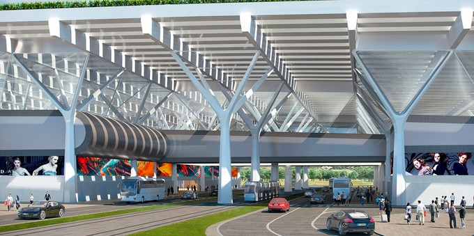 Vorschau auf das neue Terminal des Flughafens Florenz. Davor soll ein Dorfplatz entstehen, der per Straßenbahn mit dem Stadtzentrum verbunden ist.