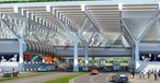 Vorschau auf das neue Terminal des Flughafens Florenz. Davor soll ein Dorfplatz entstehen, der per Straßenbahn mit dem Stadtzentrum verbunden ist.