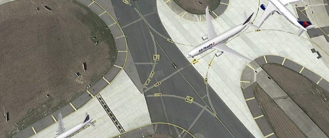 Grafik mit nachgestellter Szene: Der A330 von Air France wurde am Heck gerammt, als dieser hinter einem kleineren Flieger wartete.