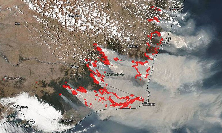 Satellitenbild der Buschfeuer in Australien: Verheerende Folgen für Mensch, Tier und Pflanzenfeld.