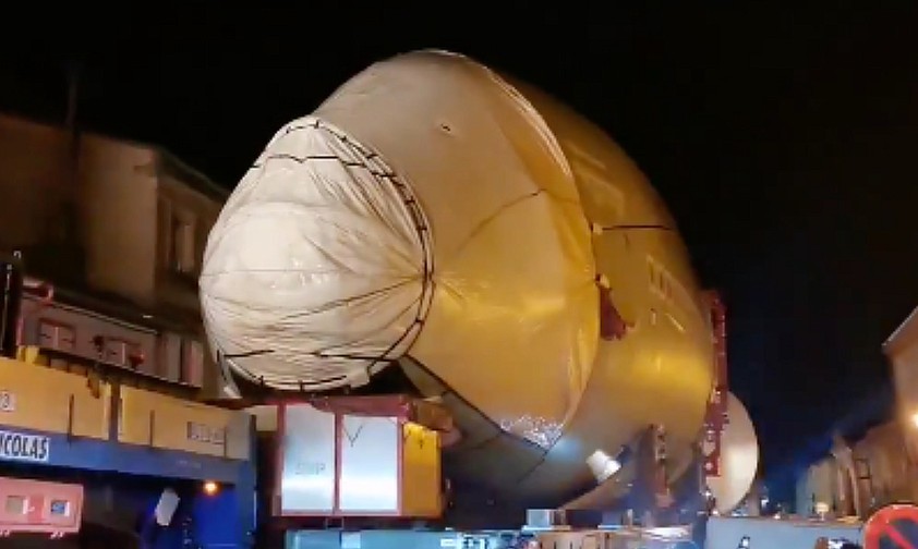 The nose section of an Airbus A380 rolls through a small town in the south of France.