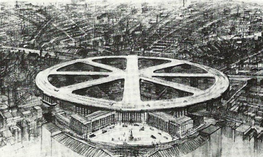 King's Cross, Großbritannien: Architect Charles W. Glover präsentierte 1931 einen Flughafen mitten in London. Die Flugzeuge hätten auf den Pisten – den Speichen des Rades - aufgesetzt und dann am Rand geparkt. Hochhäuser gab es damals noch keine.