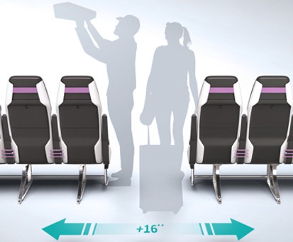 Innovative Aircraft Seat vom Passme-Konsortium, nominiert in der Kategorie Kabinensysteme des Crystal Cabin Award: Der Gang einer Boeing 737-800 soll durch Zusammenschieben der Sitze 32 statt nur 16 Zoll (40,6 Zentimeter) breit sein.