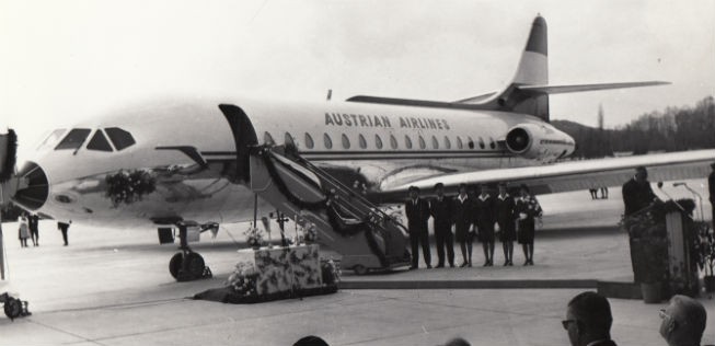 Willkommen im Jet-Zeitalter: Die Vickers Viscount wurden nach und nach gegen Caravelle VI-R eingetauscht, hier eine Flugzeugtaufe 1965 in Kärnten.