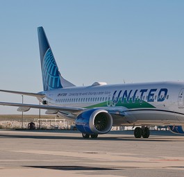 Boeing 737 Max: Dieses Flugzeug von United durfte mit 50 Prozent Biokerosin fliegen.