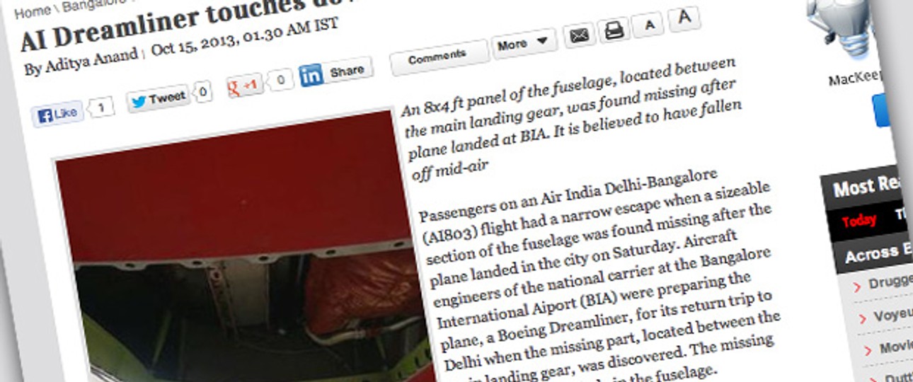 Bericht des Bangalore Mirror: Ein Loch ist im Dreamliner...