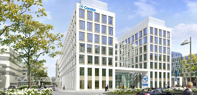 Am Hauptsitz von Condor beim Frankfurter Flughafen hängt das Schild: «Condor Platz». Eine richtige Anschrift ist das nicht. Der Grundstücksentwickler und die Stadt Frankfurt haben es aber genehmigt. Offiziell lautet die Anschrift de-Saint-Exupery-Straße 8 (Tipp von Leser Michael Svoboda).