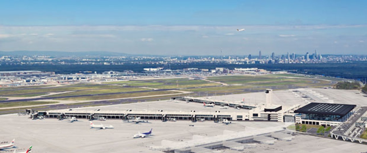 Das neue Terminal 3 von Frankfurt am Main wird im Süden des Flughafens zu stehen kommen. Es wird zwei Flugsteige aufweisen. H wird 400 Meter, J wird 600 Meter lang.